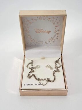 Disney Minnie Mouse Sterling Silver Open Heart Choker Charm Necklace W Earrings